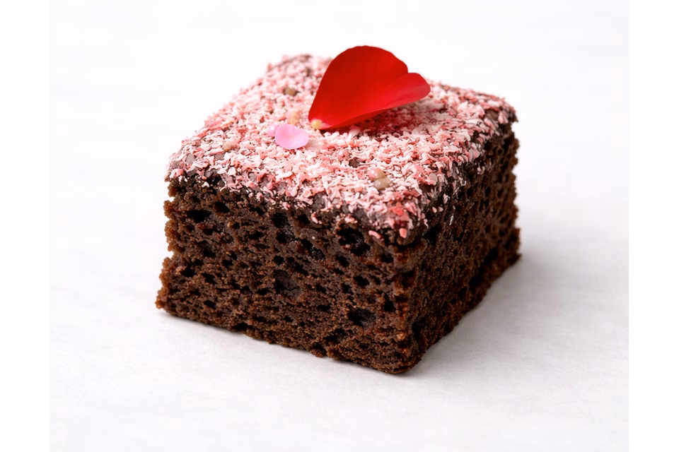 შოკოლადის ბრაუნის ნაჭერი მოყრილი ვარდისფერი ნამცეცებით და მორთული ვარდის ფურცლით