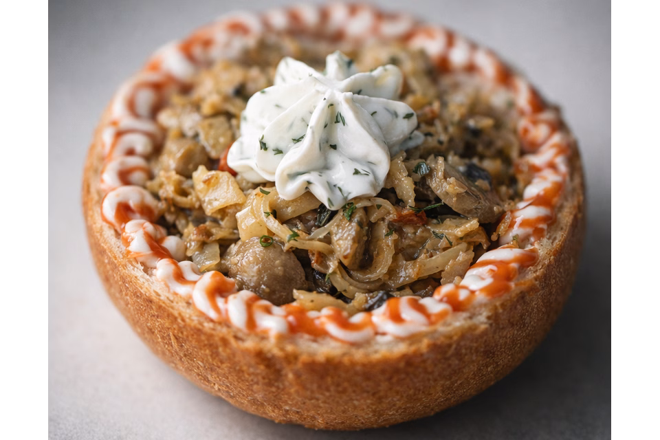 ხრაშუნა ვოლოვანი სოკოსა და კრემისებრი სოუსის გულსართით, მორთული მწვანილით.