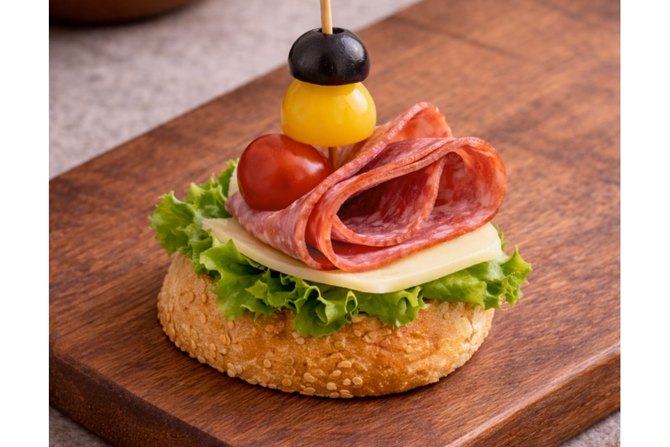 მინი-სენდვიჩი სალიამის ნაჭრით, ყველით, სალათის ფურცლითა და ზეთისხილით