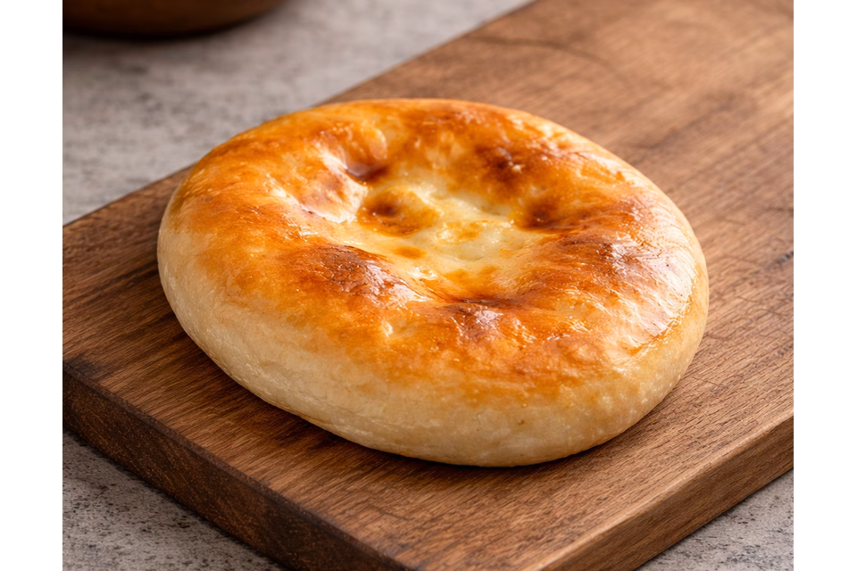 იმერული ხაჭაპური ხის დაფაზე, შიგნიდან უგემრიელესი ყველით და დაბრაწული ზედაპირით ფურშეტისთვის