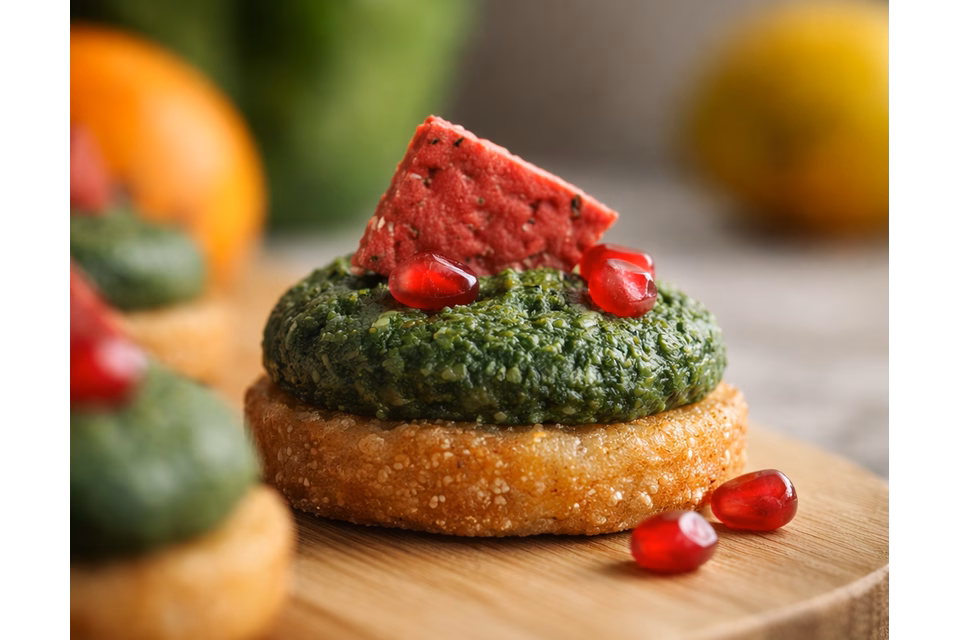 ტრადიციული ქართული მადისაღმძვრელი: მჭადი, რომელზეც მოთავსებულია ისპანახის ფხალი, ყველის ნაჭერი და ბროწეულის მარცვლები ფურშეტისთვის