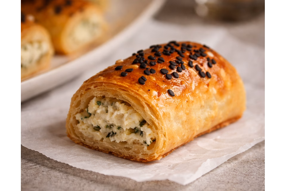 ფენოვანი ცომის რულეტი ხაჭოსა და ნორჩი ტარხუნის შიგთავსით, მოყრილი შავი სეზამით – ფურშეტისთვის.