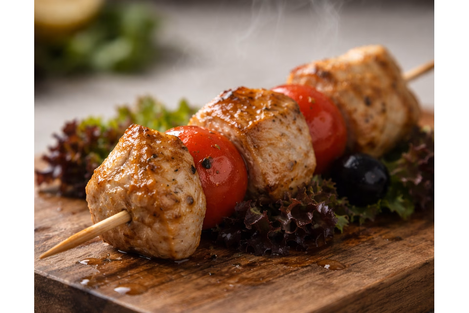 ქათმის მწვადი ბოსტნეულით ხის შამფურზე, ხის დაფაზე – ფურშეტისთვის."