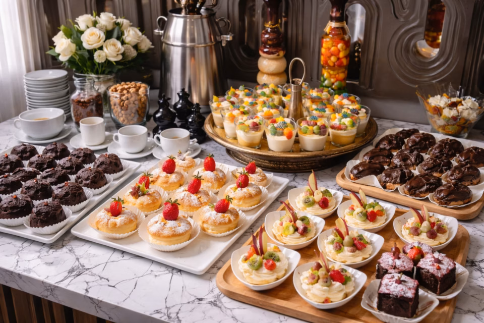 მადისაღმძვრელი მინი-დესერტები და ტარტალეტკები, მომზადებული კონფერენციის ან ბიზნეს შეხვედრის. ყავის შესვენება ბათუმში.