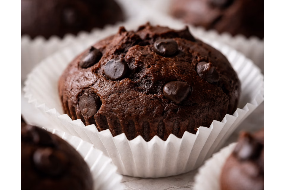 შოკოლადის მაფინი შოკოლადის ნატეხებით თეთრ ქაღალდში – ფურშეტისთვის."