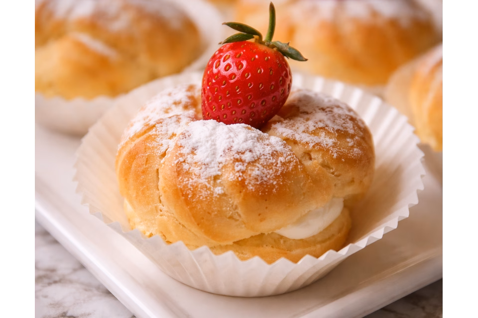 ჰაეროვანი შუ ვანილის კრემითა და ახალი მარწყვით – ფურშეტისთვის.