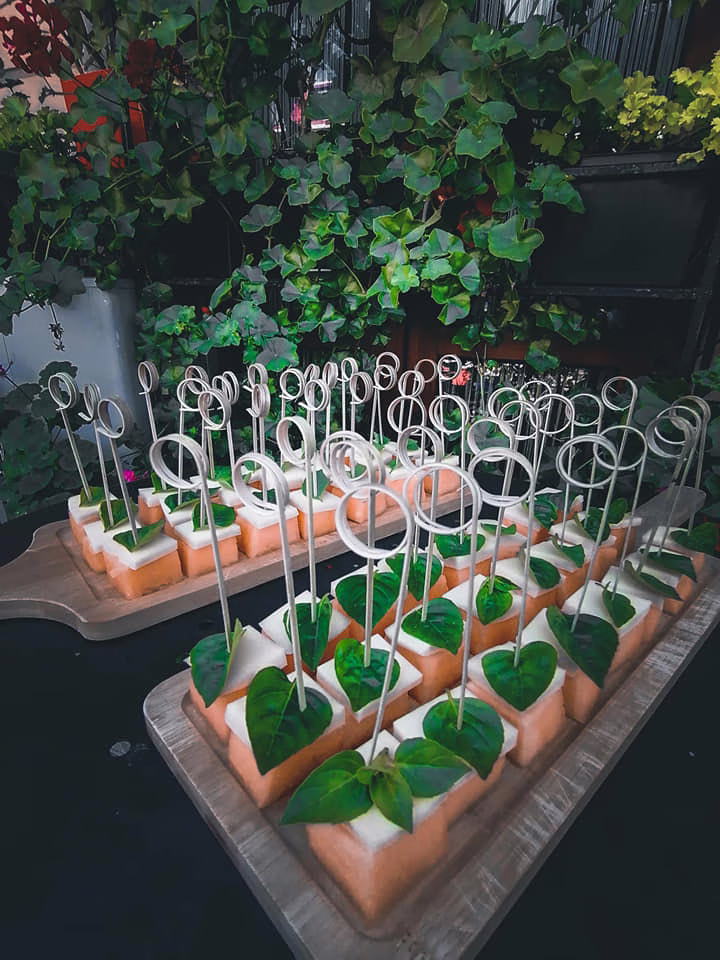 ხილის კანაპეების ასორტი, დალაგებული ხის ზედაპირზე; გაფორმებული პიტნის ფოთლებითა და კენკრით.